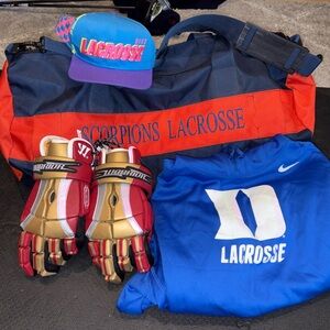 Warrior Hypno Lacrosse Gloves Mens 13" Padded Gloves + Team Bag, Duke LAX & Hat